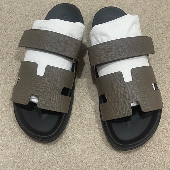 Coveted Hermès Brand New, Unworn Men\'s Etoupe Epsom Chypre sandals - Size 43